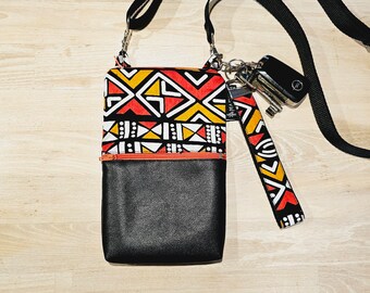 Handmade Phone Bag and Keyfob Set | Leather Detail | African Ankara Print Fabric | Adjustable Shoulder Strap