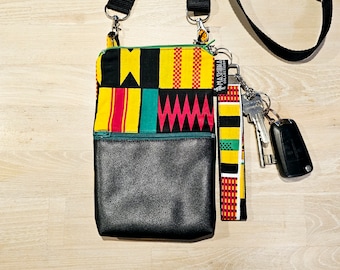 Handmade Phone Bag and Keyfob Set | Leather Detail | African Ankara Print Fabric | Adjustable Shoulder Strap