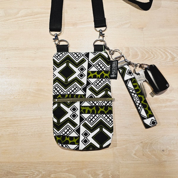 Handmade Phone Bag and Keyfob Set | African Ankara Print Fabric | Adjustable Shoulder Strap