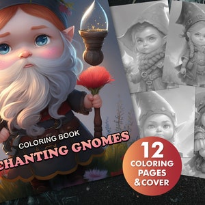 12 Enchanted Gnomes Coloring Book - Adults Kids Coloring Pages, Instant Download, Grayscale Coloring Book, Printable PDF File