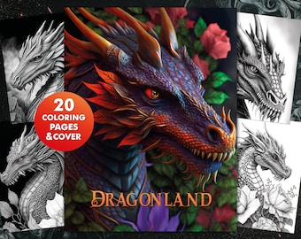 Kleurboek | Dragon Land bloemen kleurplaten voor volwassenen en kinderen | Afdrukbaar fantasiekleurboek PDF | Digitale kleurplaat grijswaarden