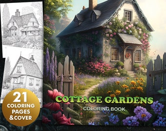 21 livres de coloriage Cottage Gardens | Coloriages à imprimer pour adultes et enfants | Télécharger l'illustration en niveaux de gris | Fichier PDF imprimable | Coloration