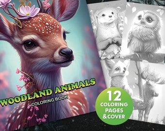 Może przedstawiać: Książka do kolorowania przedstawiająca uroczego jelenia z kwiatami na głowie. Okładka zawiera tytuł "Woodland Animals Coloring Book" i zielone koło z tekstem "12 Coloring Pages & Cover".