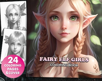24 Forest Fairy Elf Girls Fantasy Coloring Book, Adults + Kids- Instant Download - Grayscale Coloring Page - Gift, Printable PDF