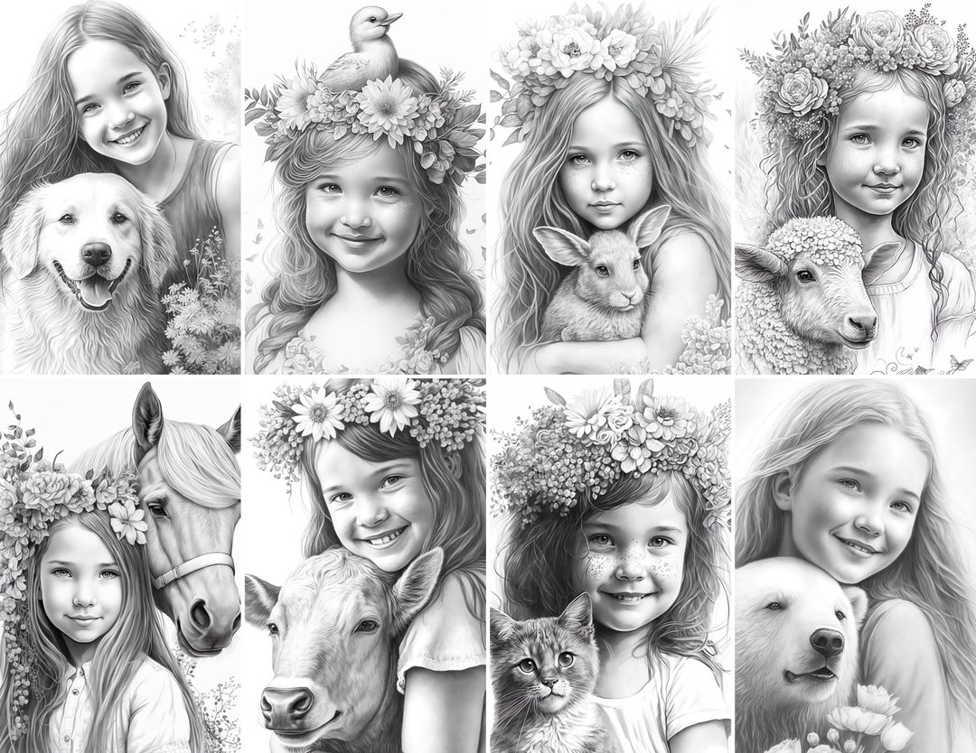 Little Girl and Animal Themed Coloring Book, Grayscale Coloring Pages ...