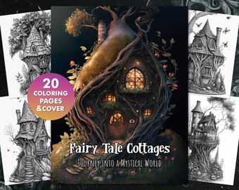 20 Land Fairy Houses Coloring Book for Adults and Kids | Printable Adult Coloring Pages | Download Grayscale Illustration | Printable PDF