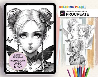Fairy Anime Girl Coloring Page Printable | Cute Fantasy Manga Art for Kids and Adults, Instant Download Printable PDF, Digital Coloring Book
