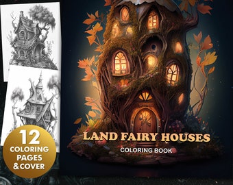 12 Land Fairy Houses Coloring Book Set for Adults & Kids | Printable Adult Coloring Pages | Download Grayscale Illustration | Printable PDF