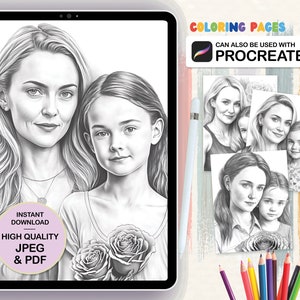 Coloring Page for Adults, Grayscale Coloring Pages Printable, Mother and Daughter Love, Roses, Coloring Pages for Kids, Digital Download