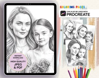 Coloring Page for Adults, Grayscale Coloring Pages Printable, Mother and Daughter Love, Roses, Coloring Pages for Kids, Digital Download