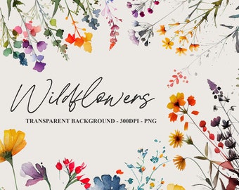 Wildflowers Watercolor Floral Clipart Wild Flowers Wedding Clipart Spring Summer Autumn Fall Clipart Yellow Pink Blue Peach Red Botanical