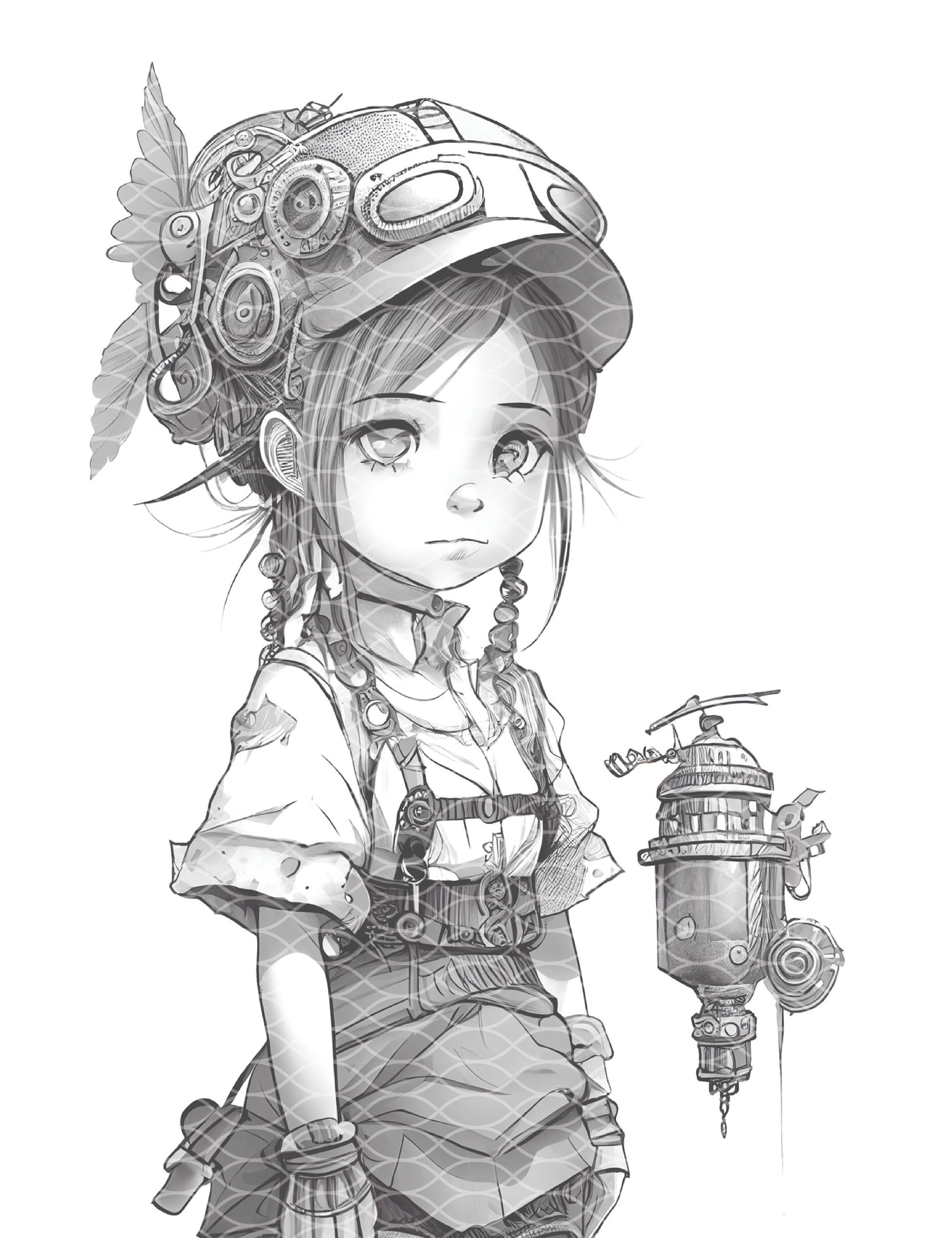 Printable Steampunk Girl Coloring Pages for Adults and Kids, Vintage