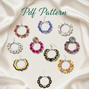 May include: A selection of beaded hoop earrings in diverse colours, such as red, purple, pink, black, and yellow. The earrings are displayed against a white satin backdrop. The text "Pdf Pattern" is visible.