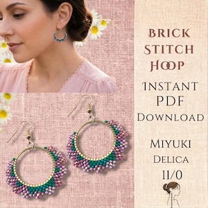 May include: Gold-tone hoop earrings with intricate beadwork in teal, purple, and pink. The earrings are displayed on a pink textured background. The image also includes the text "BRICK STITCH HOOP INSTANT PDF DOWNLOAD MIYUKI DELICA 11/0".