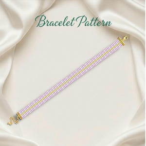 May include: A beaded bracelet pattern featuring a repeating pattern of white, purple, and yellow squares. The bracelet has gold-coloured clasps and a decorative charm. The words "Bracelet Pattern" are written in green script.
