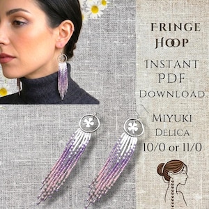 May include: Long fringe earrings featuring a silver-toned circular charm with a four-leaf clover cutout. The fringe consists of Miyuki Delica 10/0 or 11/0 beads in a gradient of white, light purple, and dark purple. Text reads: FRINGE HOOP INSTANT PDF DOWNLOAD.