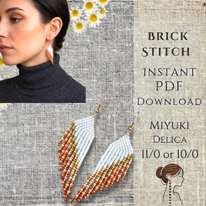 May include: Beaded fringe earrings featuring a gradient pattern of white, metallic gold, and copper Miyuki Delica beads. The text reads: BRICK STITCH INSTANT PDF DOWNLOAD MIYUKI DELICA 11/0 or 10/0. The earrings hang from gold-toned metal hooks.