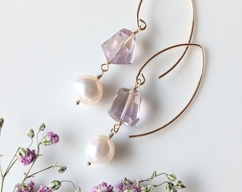 Pearl earrings, Ametrine earrings, gemstone women earrings, V shape wire earrings, jewelry elegant, feminine jewelry, jewelry set gift