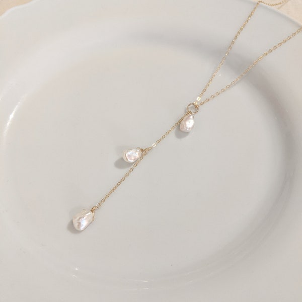 Keshi pearl necklace, pearl Y necklace, wedding necklace pearl, bridal necklace pearl, gift for brides, wedding gift, wedding jewelry