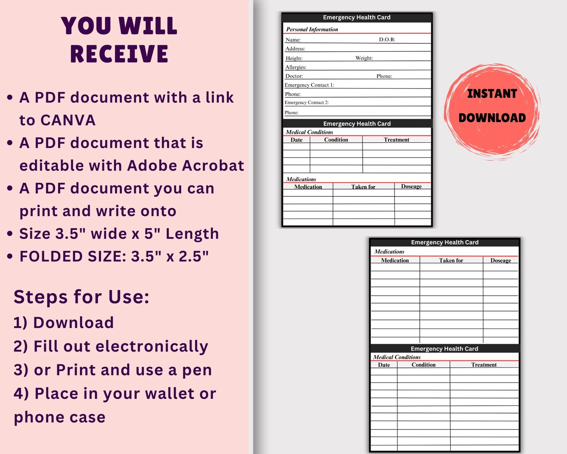 Editable Medical Information Card, Wallet Card With Medication Log and ...