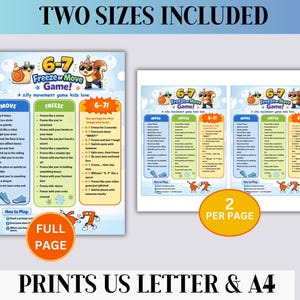 Op de afbeelding: Een printbaar spel voor kinderen genaamd "Freeze or Move Game!" met instructies voor kinderen van 6-7 jaar. Het spel is beschikbaar in twee formaten, volledig pagina en twee per pagina, en wordt afgedrukt op US Letter- en A4-papier.