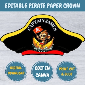 Pirate Hat Paper Crown, Printable Captain Pirate Hat, Birthday Crown for Kids Party Hats, Talk Like a Pirate Day Pirate Costume