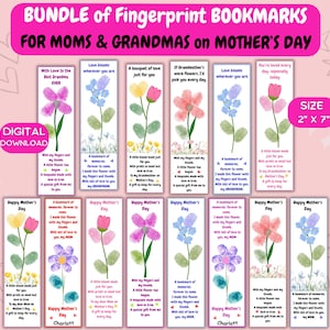 May include: A set of 12 printable Mother's Day bookmarks featuring fingerprint flowers and heartfelt messages. The bookmarks are 2 inches by 7 inches and are perfect for moms and grandmothers.