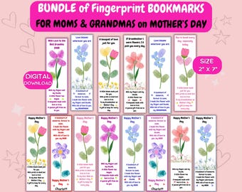 Op de afbeelding: Een set van 12 printbare Moederdag-bladwijzers met vingerafdrukbloemen en hartelijke boodschappen. De bladwijzers zijn 5 cm bij 18 cm en perfect voor moeders en grootmoeders.
