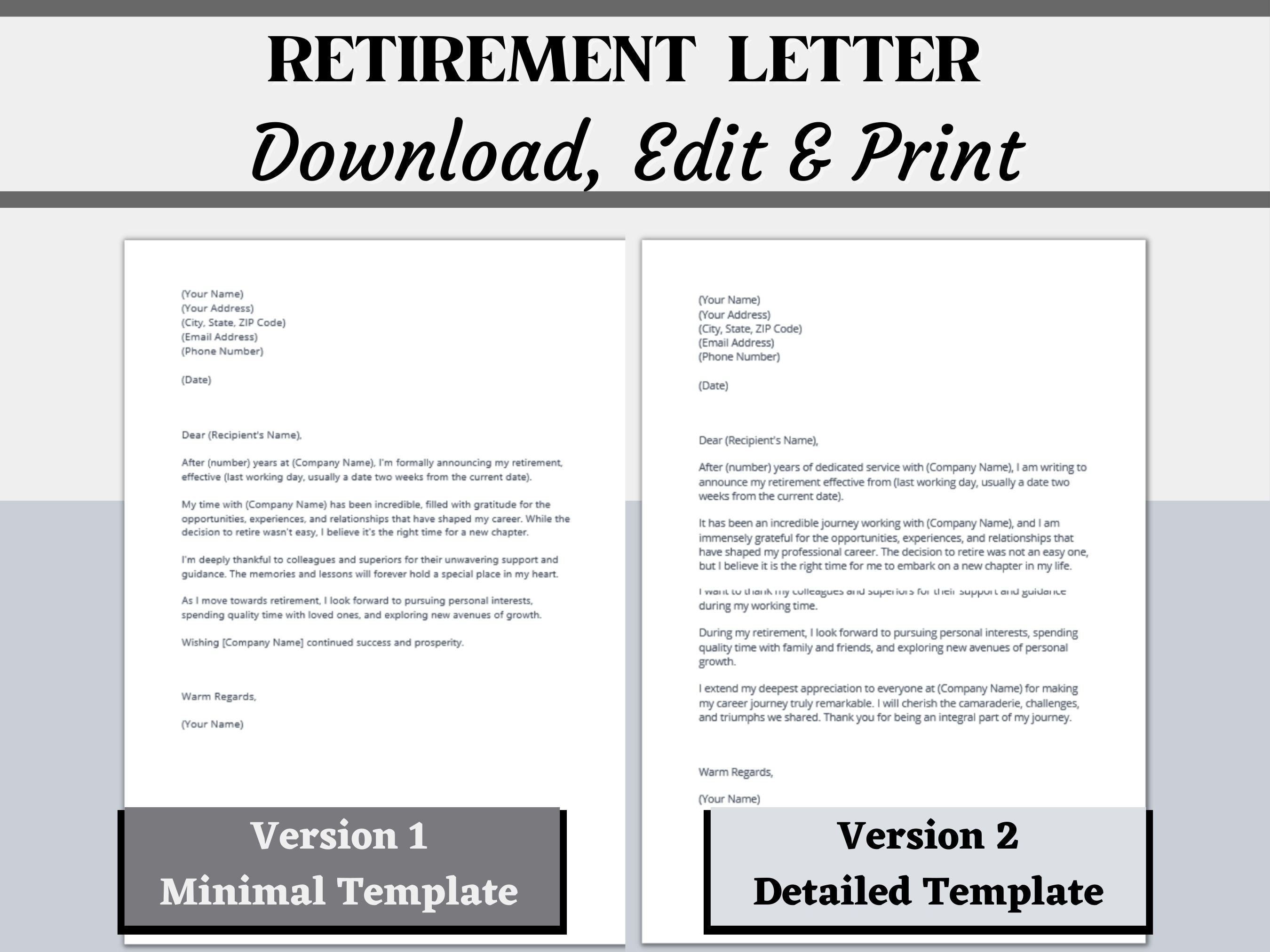 Retirement Letters - 2 Versions, Professional Retirement Letter ...