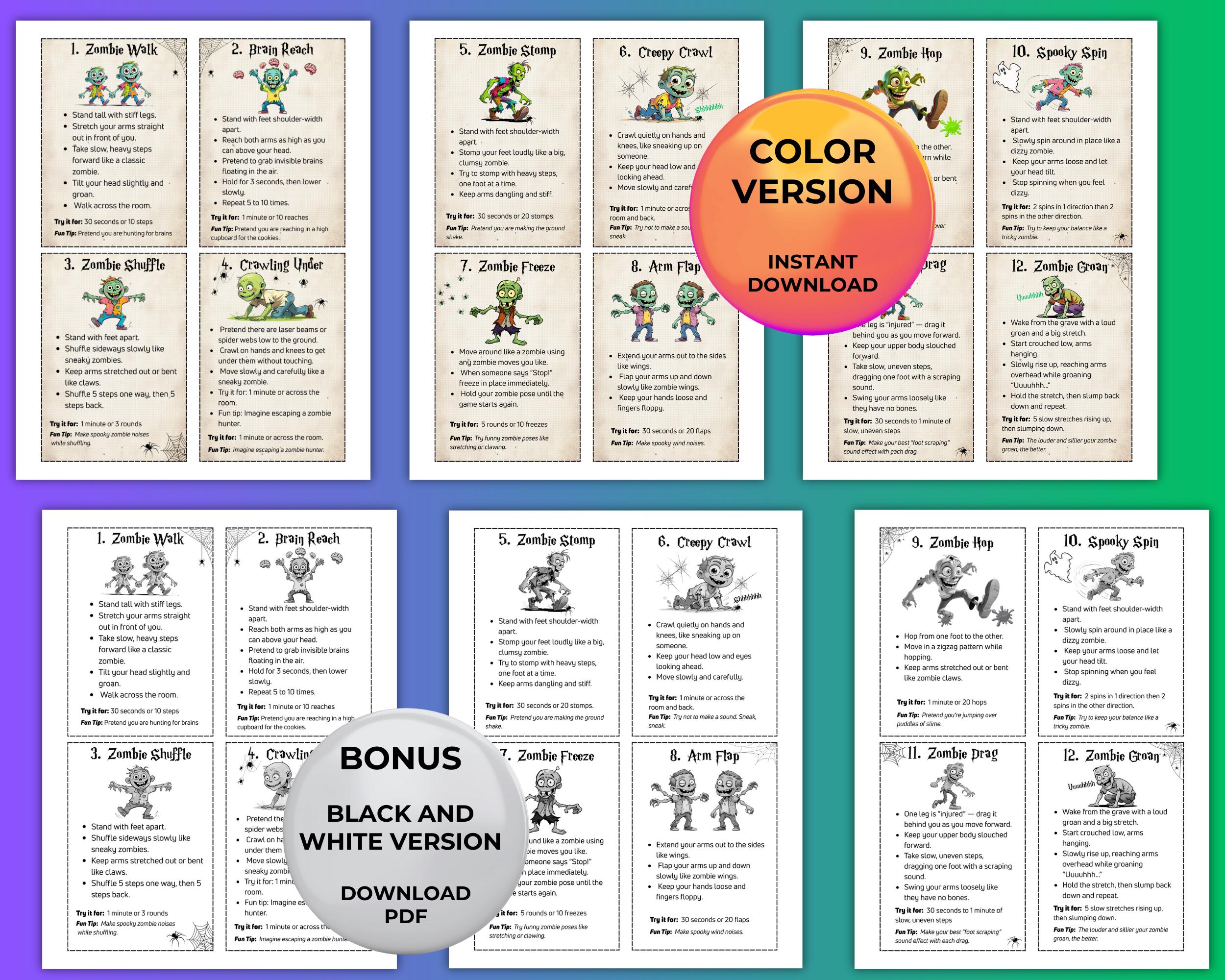 Zombie Movement Cards for Kids, Halloween Kids Game, Fun Printable ...