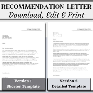 Plantilla de carta de recomendación personalizable para cualquier ocasión, carta de recomendación para un trabajo, carta de referencia para una beca o pasantía