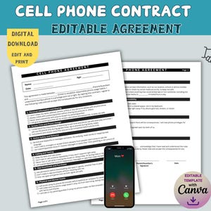 Editable Cell Phone Agreement, Family Rules with a Printable Phone Contract, Social Media and Phone House Rules, Contract Parent and Teen