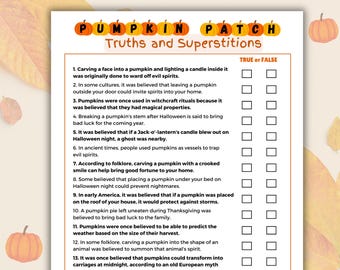Pompoen waar of niet waar spel, afdrukbaar pompoentrivia-spel, Thanksgiving-vakantiespel, Halloween-trivia, vragen herfsttrivia, leuke quiz