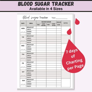 Blood Sugar Log, Blood Sugar Tracker, Diabetes Log to Effortlessly Monitor Your Health – Printable PDF in 4 sizes