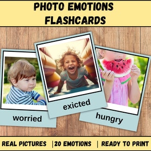 Tarjetas didácticas sobre emociones para niños: fotografías reales de niños expresando sentimientos, 20 tarjetas didácticas imprimibles en 2 tamaños, indicaciones para la comunicación de sentimientos