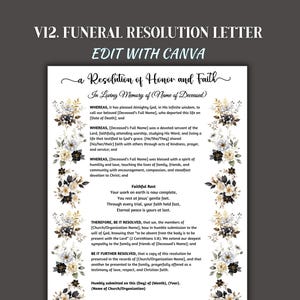 Funeral Resolution Letter for a Church or Memorial Service that is Editable, Funeral Poem Included, Celebration of Life, In Loving Memory