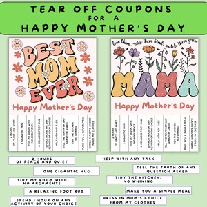 Könnte beinhalten: Zwei druckbare Muttertagsgutscheine mit bunten Illustrationen. Der linke Gutschein zeigt den Text "Best Mom Ever" in einem rosa, gelben und grünen Farbschema. Der rechte Gutschein zeigt den Text "Mama" in einem rosa, violetten und blauen Farbschema. Beide Gutscheine enthalten eine Liste von Aufgaben, die gegen ein besonderes Muttertagsgeschenk eingelöst werden können.