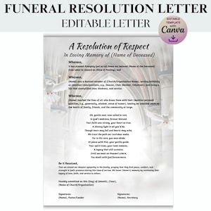 Carta de resolución de funeral editable para un servicio funerario. Poema funerario de la iglesia incluido. Úselo en un servicio conmemorativo para familiares en duelo.