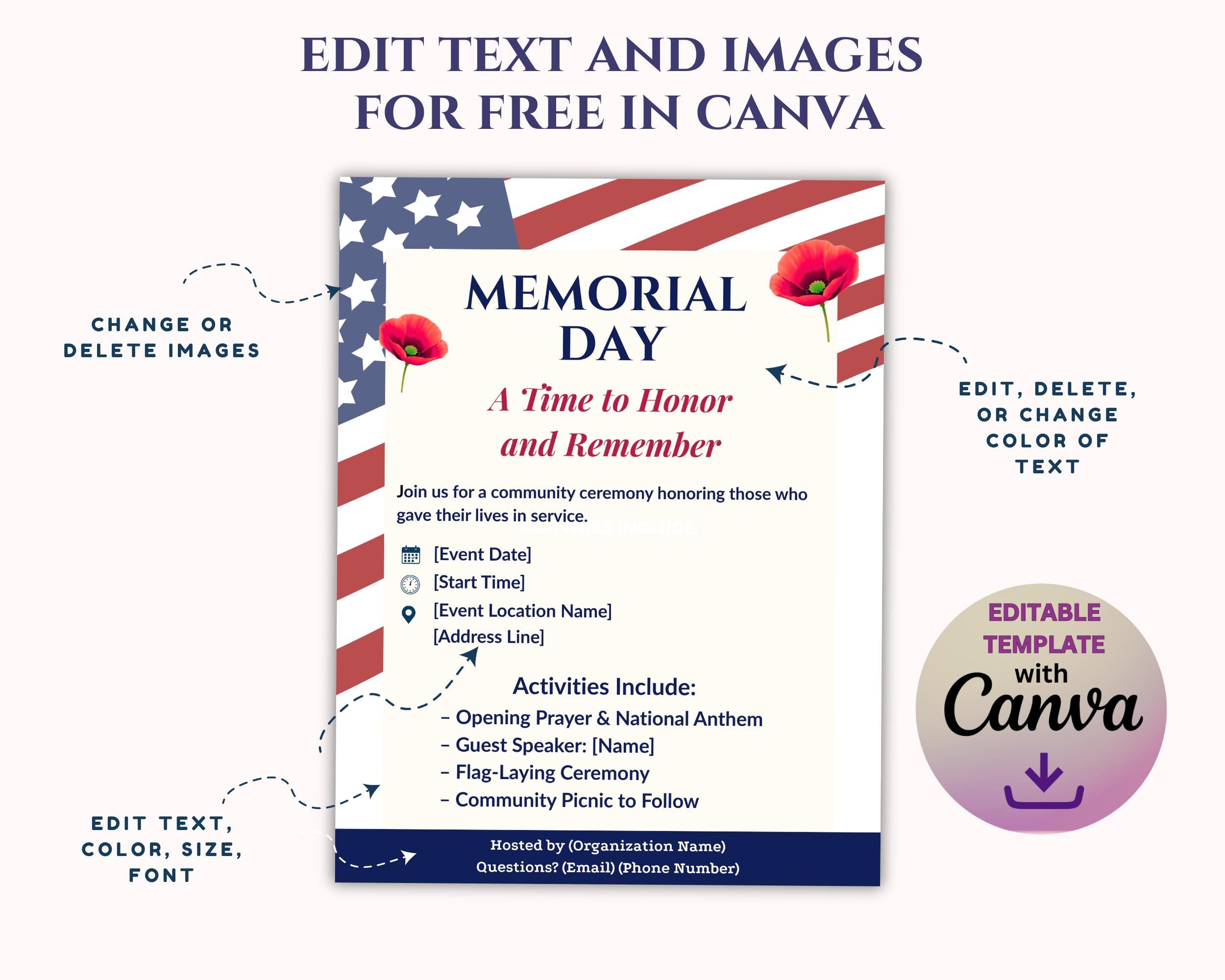 Editable Memorial Day Flyer Template for Event Promotion, Memorial Day ...