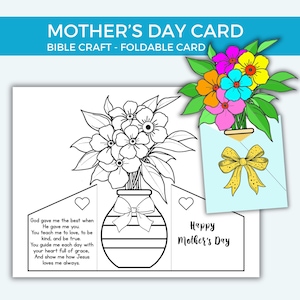 May include: A Mother's Day card with a floral design. The card features a black and white illustration of flowers in a vase, with a colorful bouquet and a yellow bow. The text reads "Mother's Day Card" and "Happy Mother's Day".