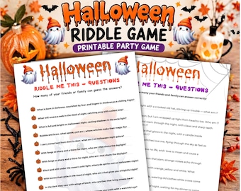 May include: A Halloween riddle game printable party game sheet featuring the title Halloween Riddle Game, with a list of questions marked by small pumpkin icons, and the text Riddle Me This - Questions, set against a white background.