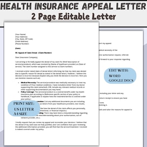 Plantilla de carta de apelación de seguro médico, plantilla editable, plantilla de apelación de seguro, carta escrita hecha para usted. Carta personalizable