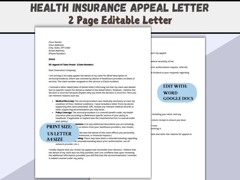 Health Insurance Appeal Letter Template, Editable Template, Insurance ...