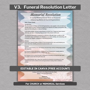 Carta de resolución conmemorativa: plantilla editable para un programa funerario o servicio conmemorativo. Apoyo a familiares en duelo.