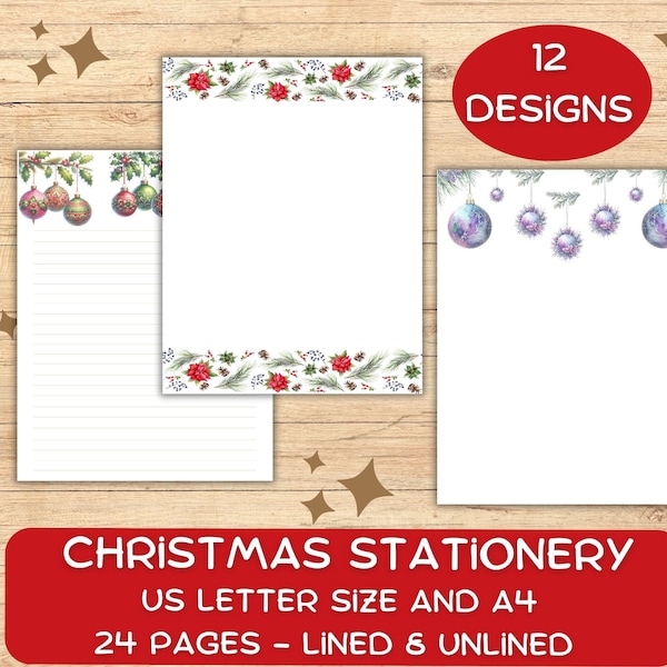 Christmas Stationery, Christmas Letter Paper, Printable Christmas Letterhead, Designs Available as Unlined and Lined Paper, 8.5"x11' and A4