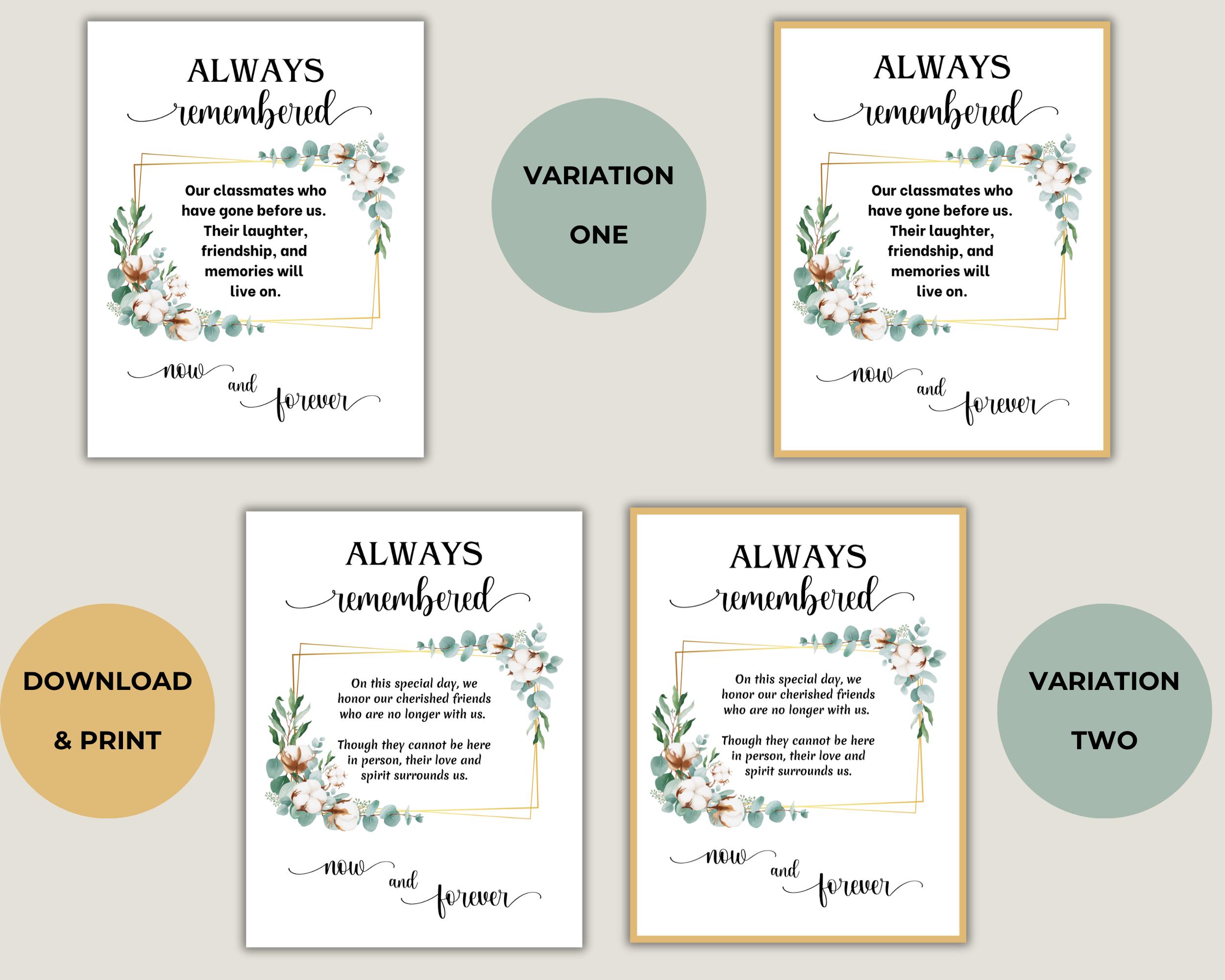 Always Remembered Classmate Memorial Sign High School Reunion Sign ...