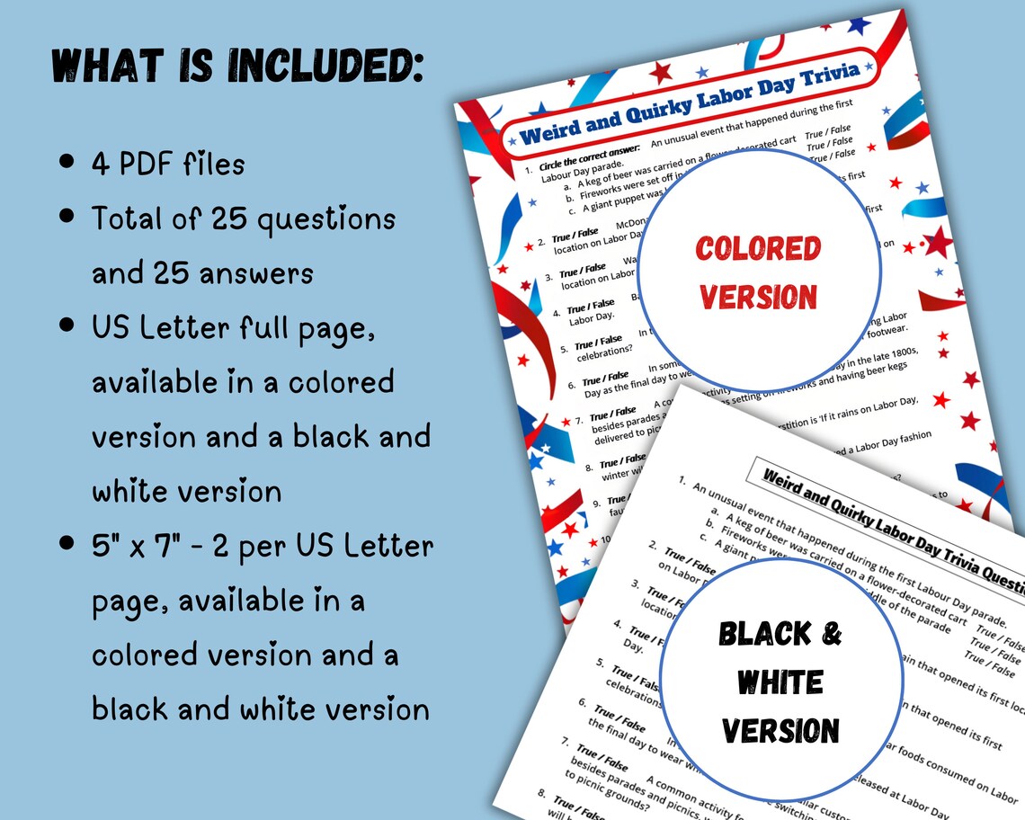 Unique Trivia Labor Day Trivia Game, 25 Crazy Weird Trivia Questions Printable Party ...