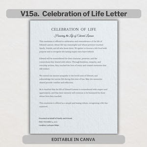 Puede incluir: Una carta de Celebración de la Vida, titulada "Celebración de la Vida", en honor a Edward Lawson. El documento está en papel texturizado, con texto en una fuente clásica. La parte inferior del documento dice "Editable in Canva."