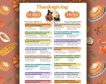 May include: Thanksgiving trivia game with quirky questions. The image features a colorful design with pumpkins, a turkey, and a black cat. The text includes questions about Thanksgiving traditions and superstitions.
