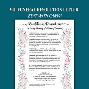 Editable Funeral Resolution Letter for a Memorial Service, Funeral Poem Included, Celebration of Life, In Loving Memory, A Funeral Keepsake